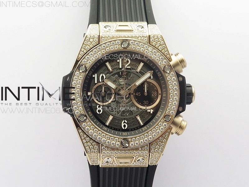 Hublot Big Bang Unico RG Full Diamonds ZF 11 Best Edition Skeleton Dial on Black Rubber Strap A1280