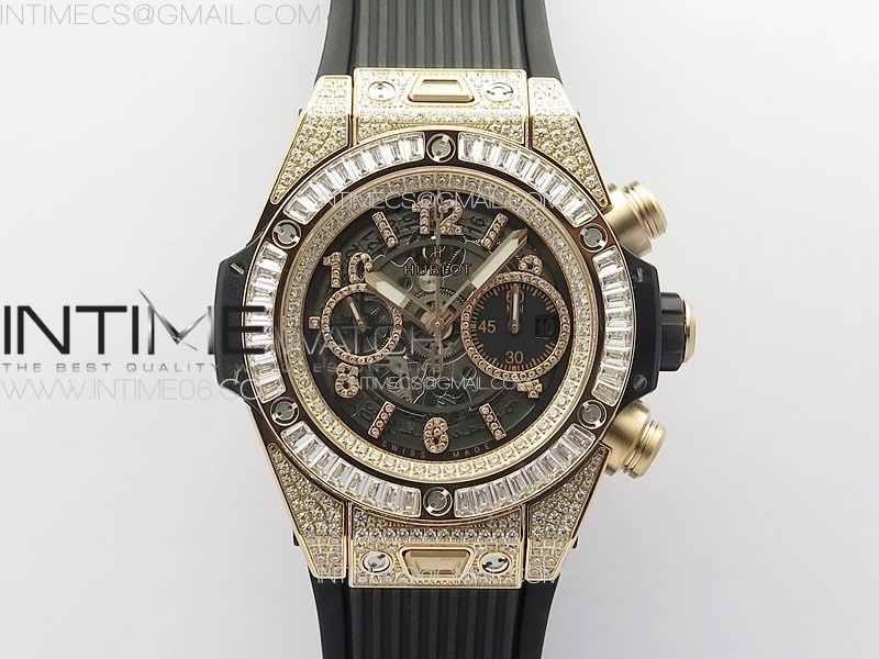 Hublot Big Bang Unico RG Full Diamonds ZF 11 Best Edition Skeleton Dial T Diamonds Bezel on Black Rubber Strap A1280