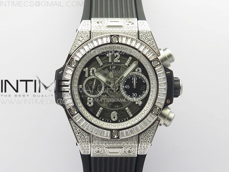 Hublot Big Bang Unico Titanium Full Diamonds ZF 11 Best Edition Skeleton Dial T Diamonds Bezel on Black Rubber Strap A1280