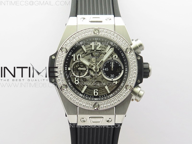 Hublot Big Bang Unico V2 Titanium Diamonds Bezel ZF 11 Best Edition Skeleton Dial on Black Rubber Strap A1280