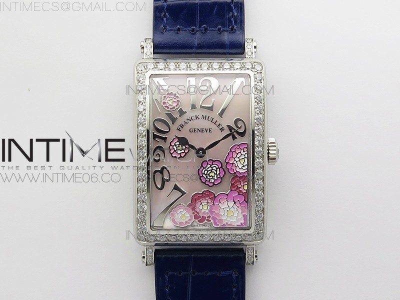 Long Island Ladies SS Diamonds Bezel ZF 11 Mother of Pearl Dial on Blue Leather Strap Swiss Ronda Quartz