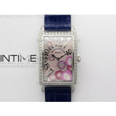 Long Island Ladies SS Diamonds Bezel ZF 11 Mother of Pearl Dial on Blue Leather Strap Swiss Ronda Quartz