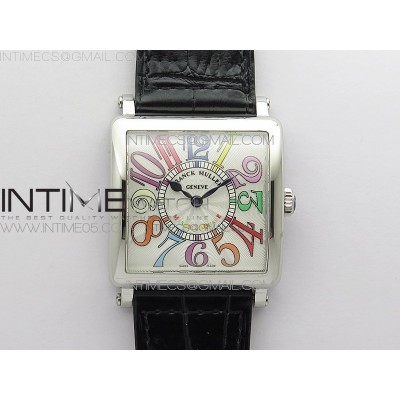 Master Square SS Ladies ZF 11 Best Edition White Colorful Arabic Dial on Black Leather Strap Ronda Quartz