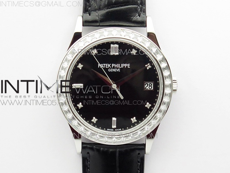 Calatrava 5298P-012 SS T Crystal Bezel ZF 11 Best Edition Black Dial on Black Leather Strap A324CS