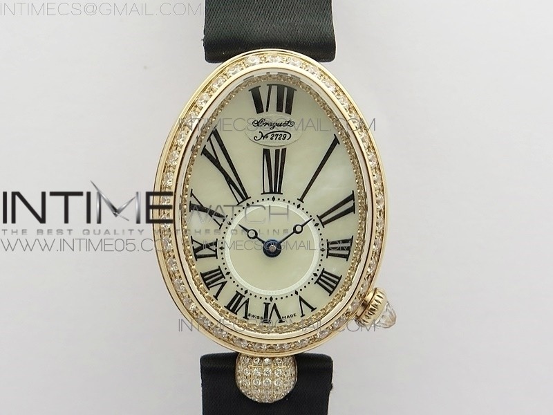 Reine de Naples 8928BB 33mm RG ZF 11 Best Edition White MOP Dial Roman Markers Diamonds Bezel on Black Fabric Strap A537