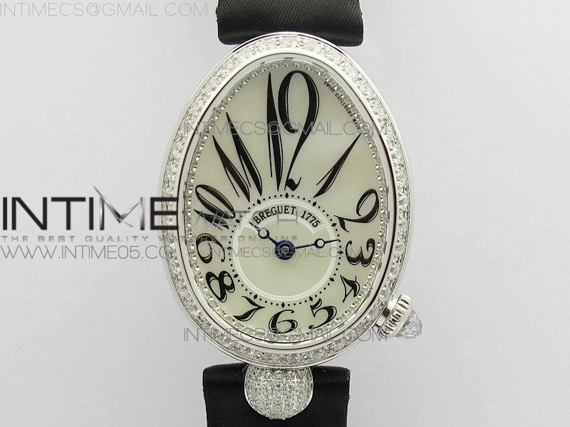 Reine de Naples 8928BB 33mm SS ZF 11 Best Edition White MOP Dial Numeral Markers Diamonds Bezel on Black Fabric Strap A537