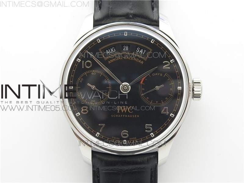 PORTUGUESE REAL PR REAL ANNUAL CALENDAR IW503502 ZF 11 BEST EDITION BLACK DIAL ON BLACK LEATHER STRAP A52010