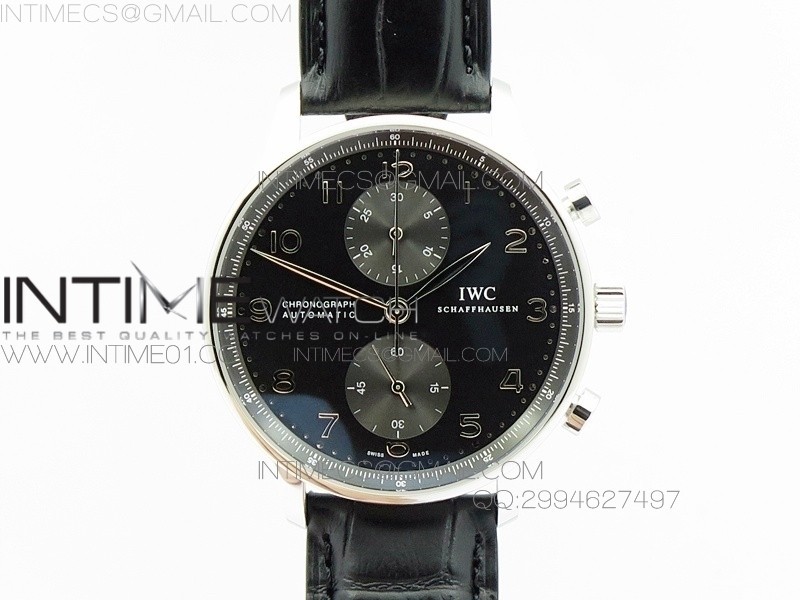 Portuguese IW371447 ZF V3 11 Best Edition SS Black dial on Black Leather Strap A79350 (Slim Movement)