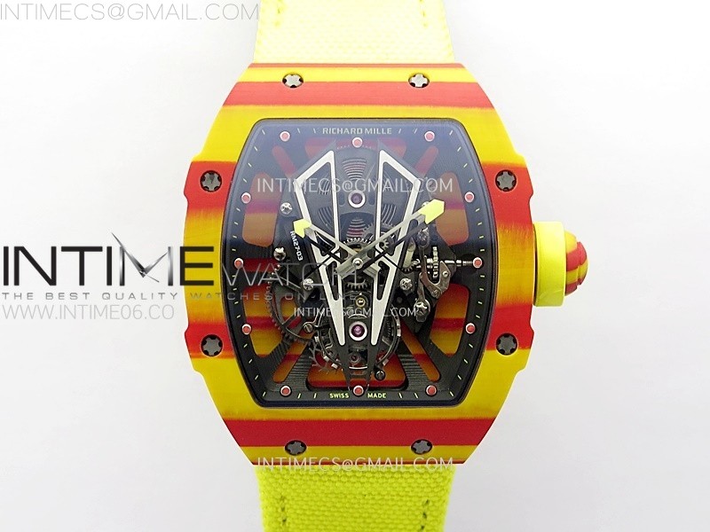 RM027-03 Real Tourbillon OrangeRed Carbon BBR Best Edition Skeleton Dial on Yellow Nylon Strap