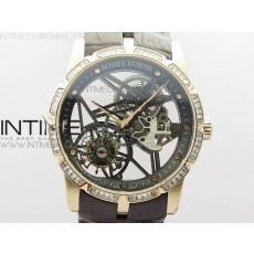 Excalibur Rddbex0393 RG Crystals Bezel BBR Best Edition Skeleton Dial on Brown Leather Strap A2136 Tourbillon V4