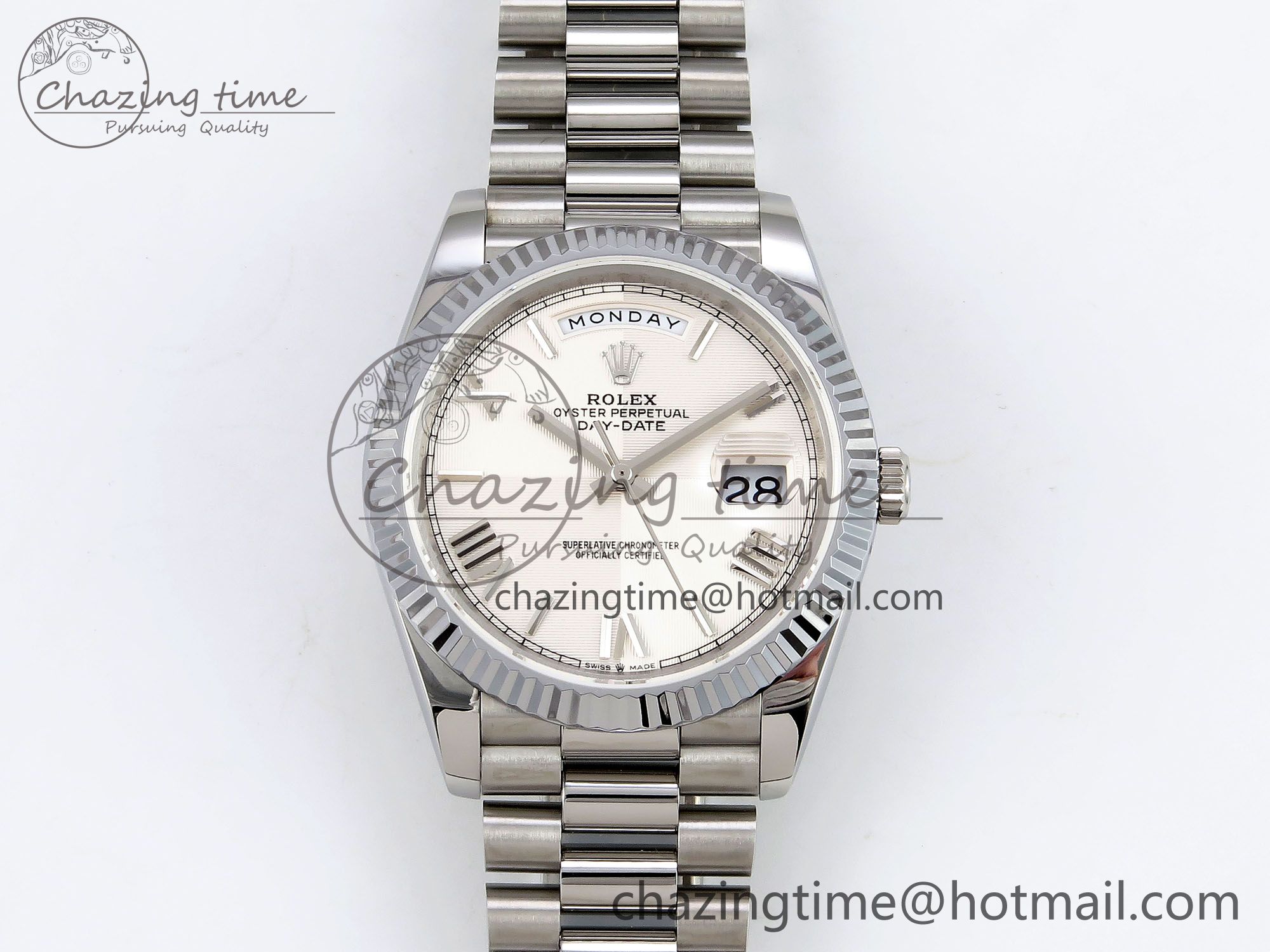 [GM공장]롤렉스 데이데이트 40 White Textured Roman Dial on President Bracelet VR2836 V3 (텅스텐)