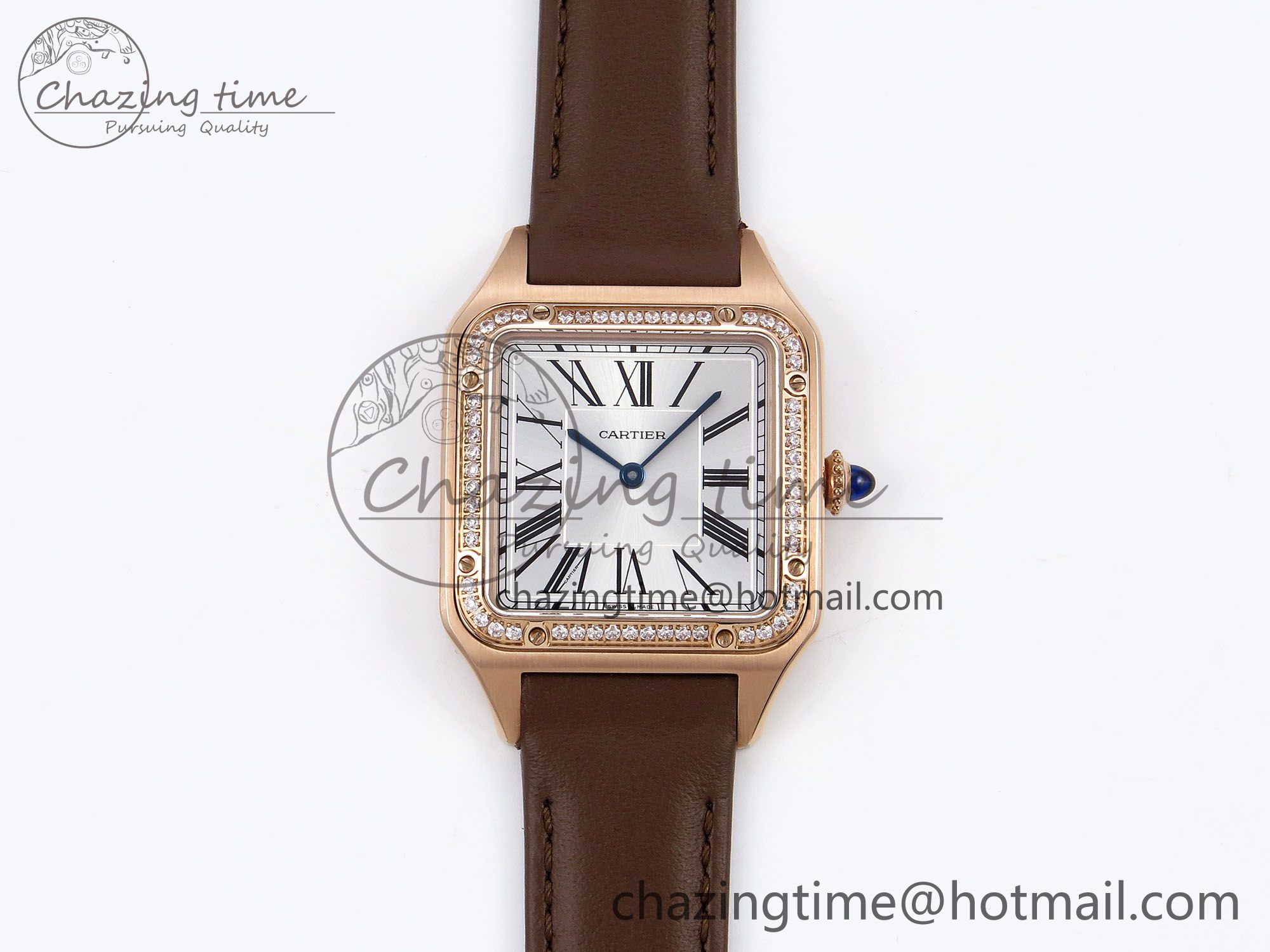 [AF공장]까르띠에 산토스 뒤몽 31.4mm RG Silver Dial Diamonds Bezel on Brown Leather Strap A157