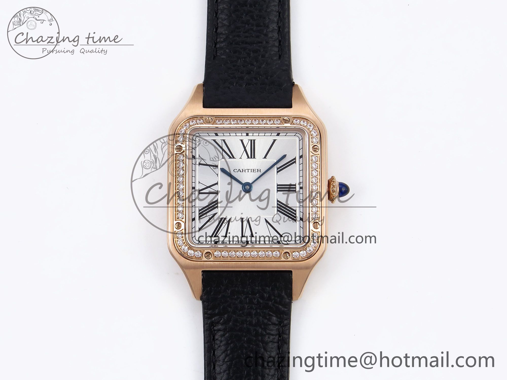 [AF공장]까르띠에 산토스 뒤몽 31.4mm RG Silver Dial Diamonds Bezel on Black Leather Strap A157