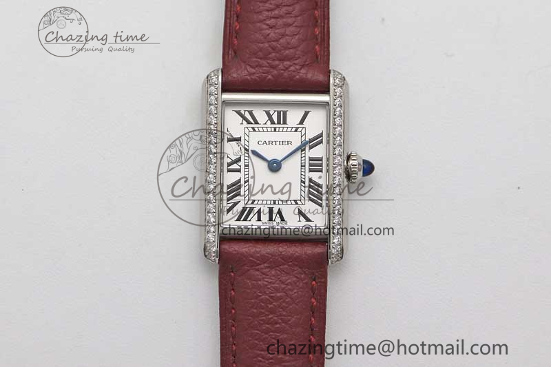 [K11공장]까르띠에 탱크머스트 Small White Dial Diamonds Bezel on Red Leather Strap Ronda Quartz