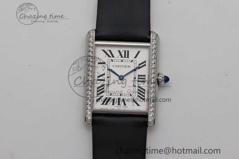 [K11공장]까르띠에 탱크머스트 Large White Dial Diamonds Bezel on Satin Leather Strap Ronda Quartz