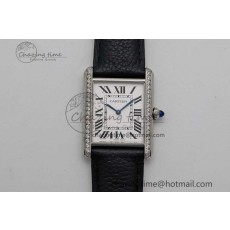 [K11공장]까르띠에 탱크머스트 Large White Dial Diamonds Bezel on Black Leather Strap Ronda Quartz