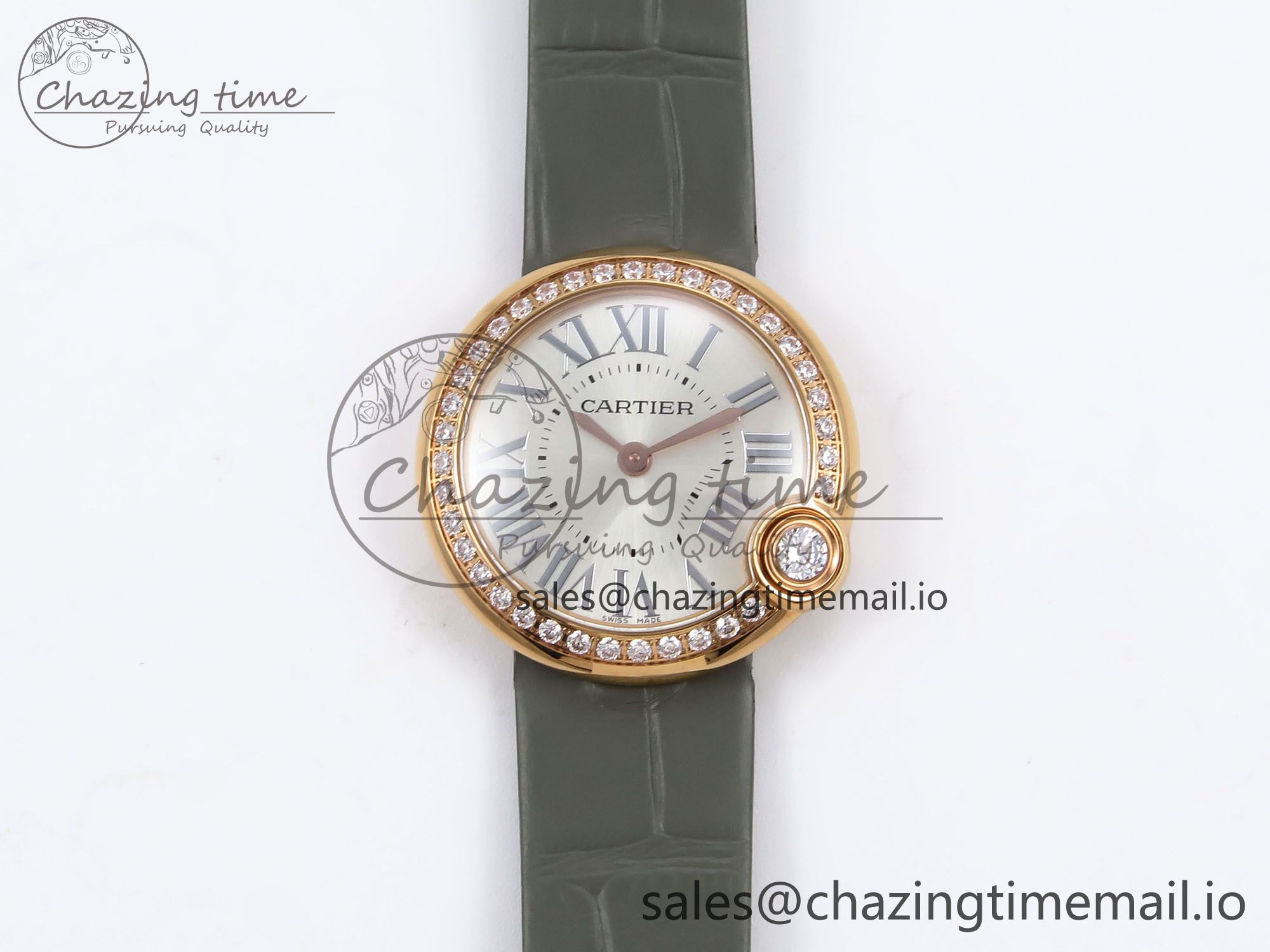 [AF공장]까르띠에 발롱블루 30mm RG Silvered Dial Diamonds Bezel on Green Leather Strap Ronda Quartz