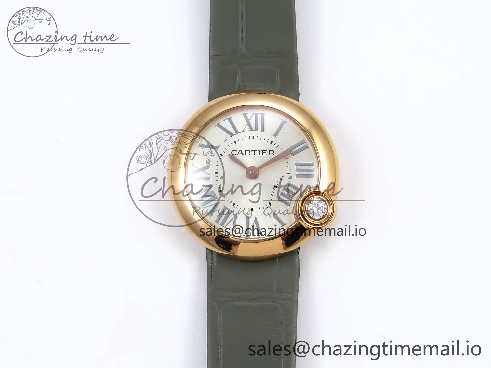 [AF공장]까르띠에 발롱블루 30mm RG Silvered Dial on Green Leather Strap Ronda Quartz