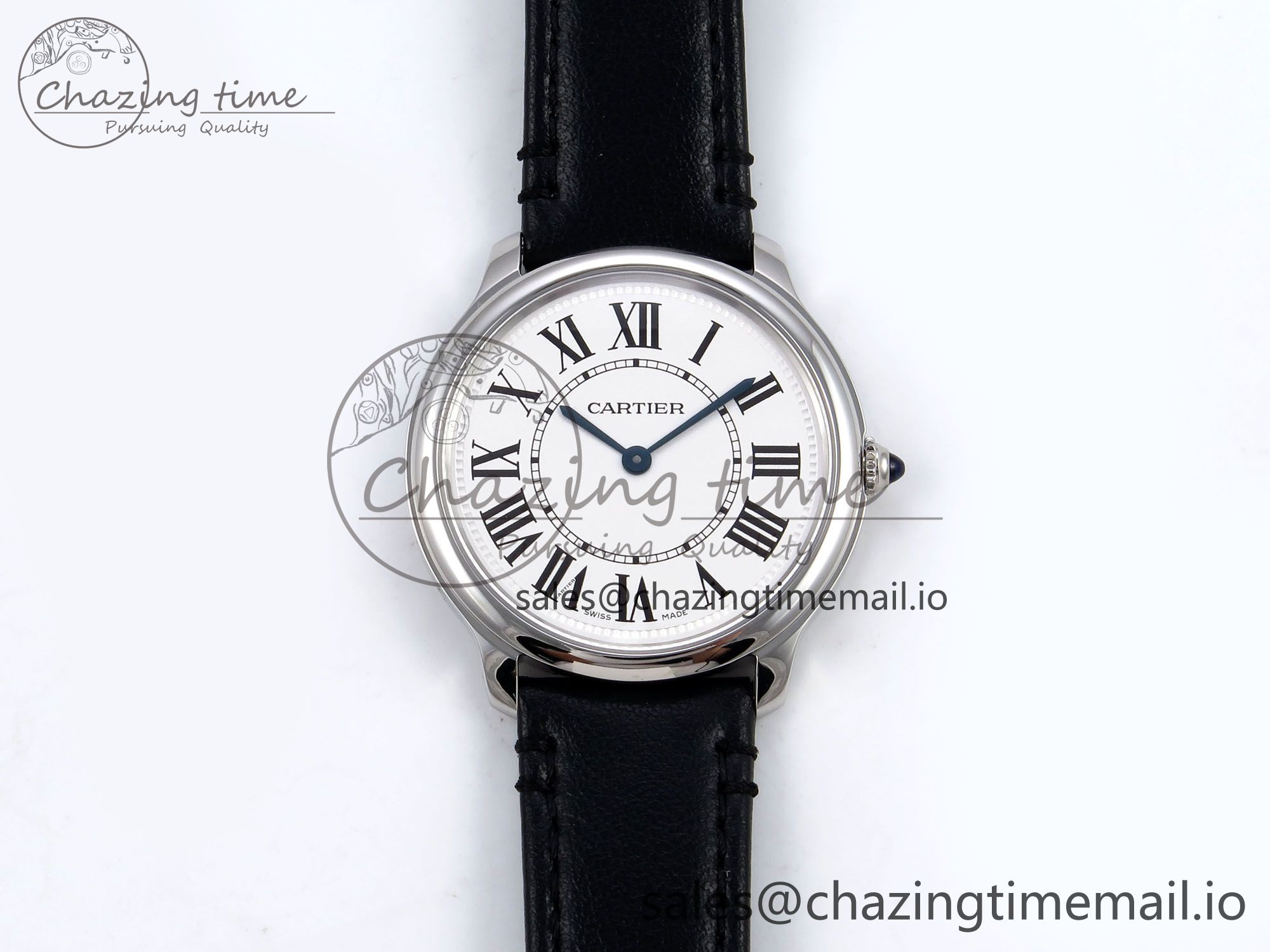 [DR공장]까르띠에 롱드 머스트 36mm  Silver-Plated White Dial on Black Leather Strap Ronda Quartz