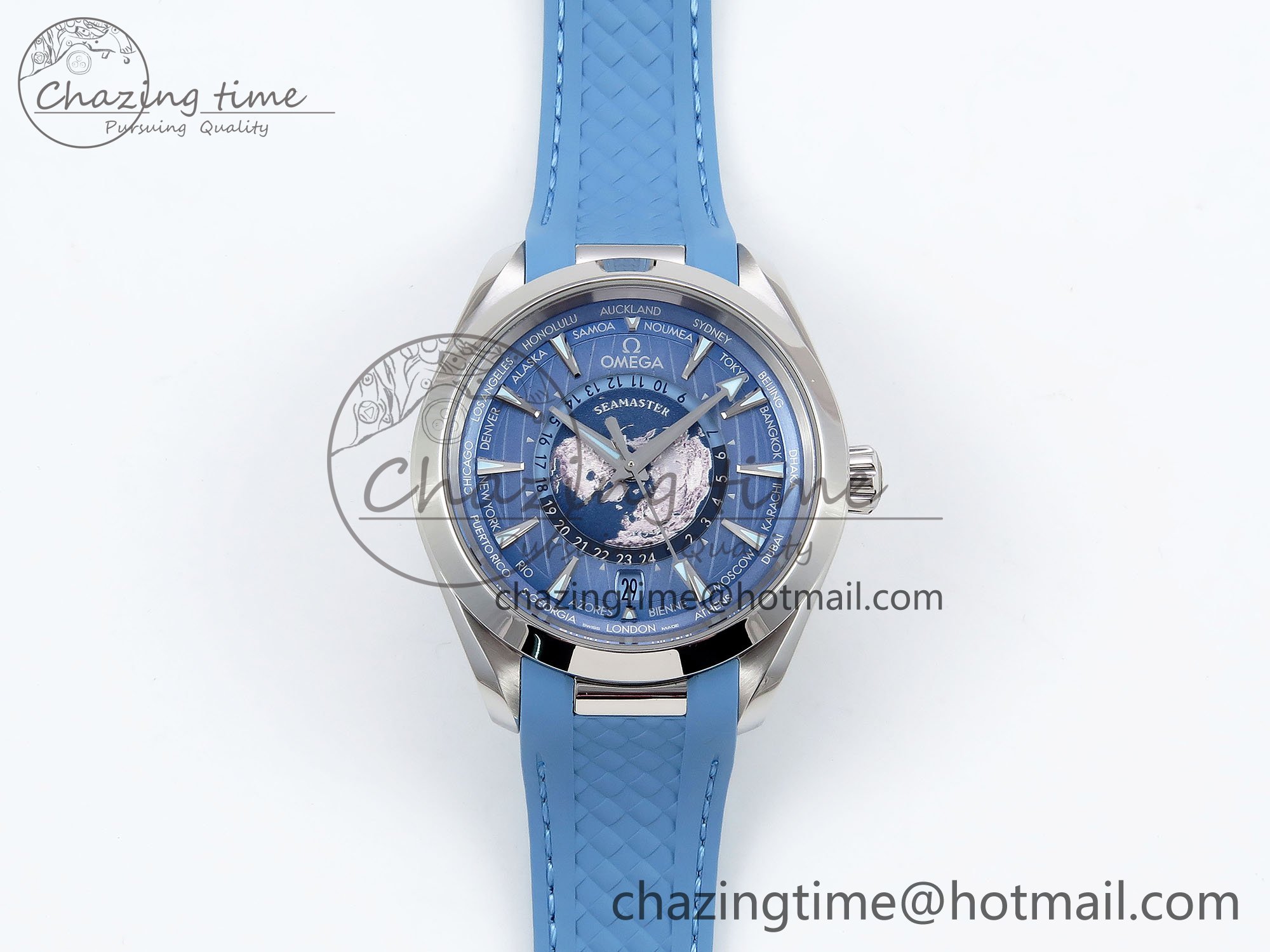 [VS공장]오메가 아쿠아테라 GMT Worldtimer 43mm ummer Blue Dial on Blue Rubber Strap A8938 Super Clone