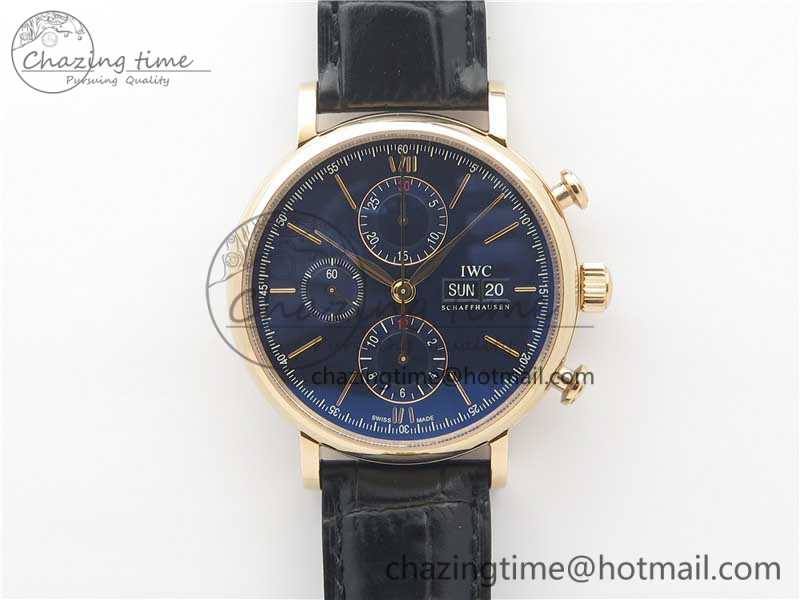 [ZF공장]IWC 포르토피노 크로노 150주년 블루다이얼 로즈골드 블랙가죽스트랩 Portofino Chrono RG Dial Gold Markers on Black Leather Strap A7750