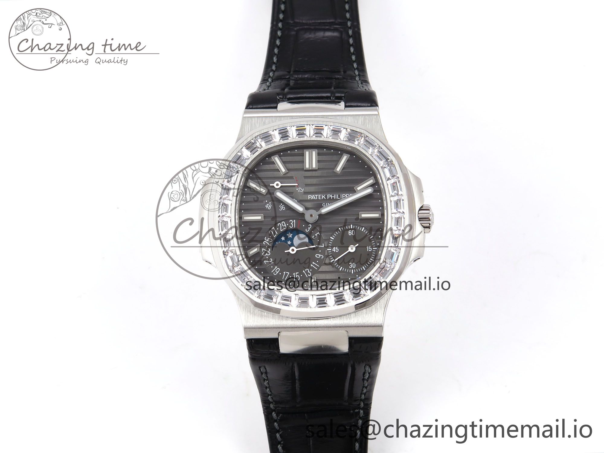 [PPF공장]파텍필립 Nautilus 5712 SS Gray Dial Diamonds Bezel on Black Leather Strap A240 Super Clone