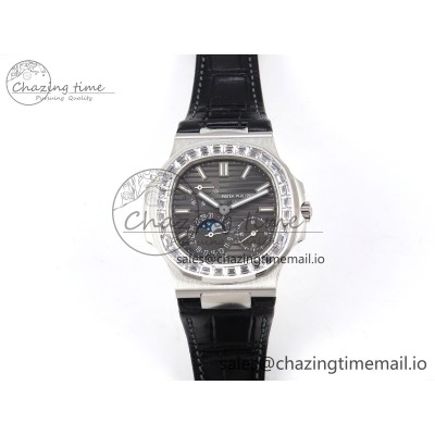 [PPF공장]파텍필립 Nautilus 5712 SS Gray Dial Diamonds Bezel on Black Leather Strap A240 Super Clone