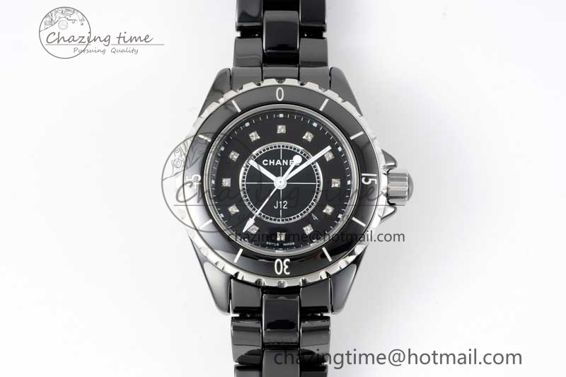 [EAST공장]샤넬 J13 33mm Black Ceramic Black Dial Diamonds Markers on Bracelet Swiss Quartz